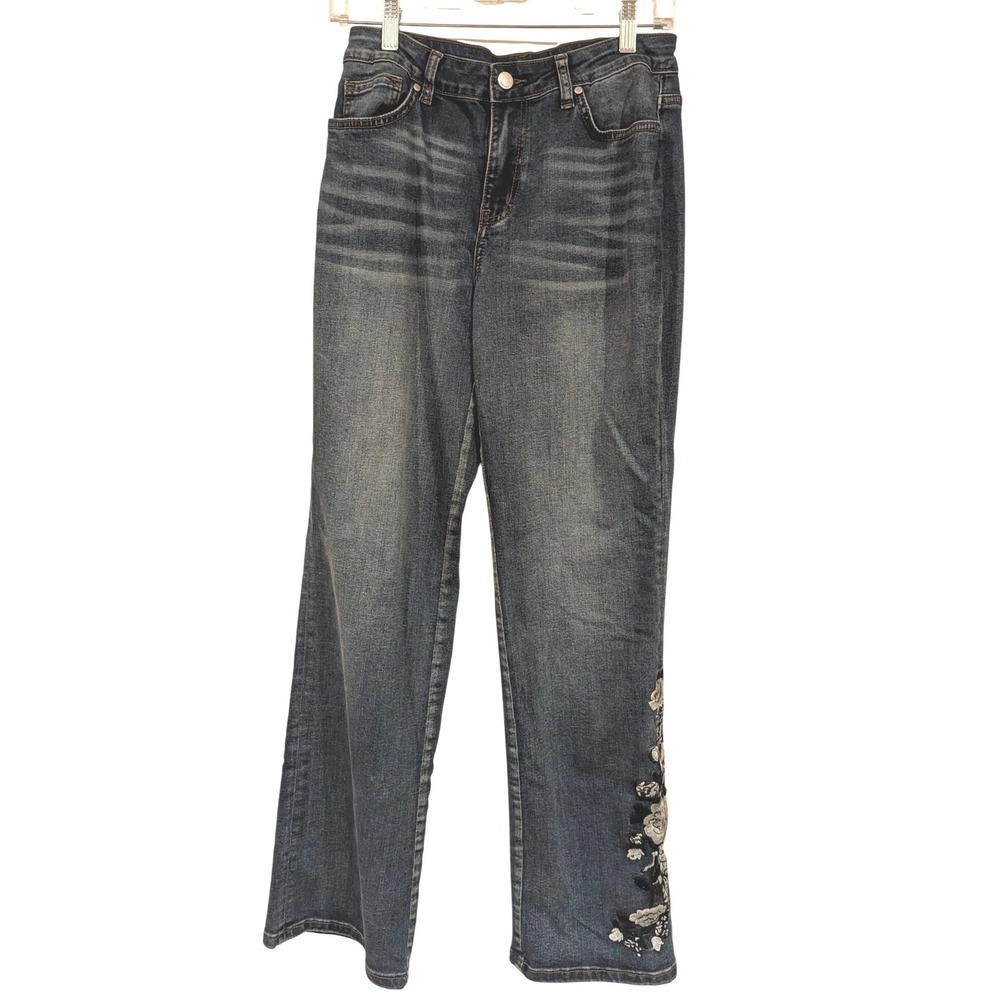 Flamingo Embroidered Wide Leg Jeans‎ Blue Denim Size Medium Y2K Floral low rise